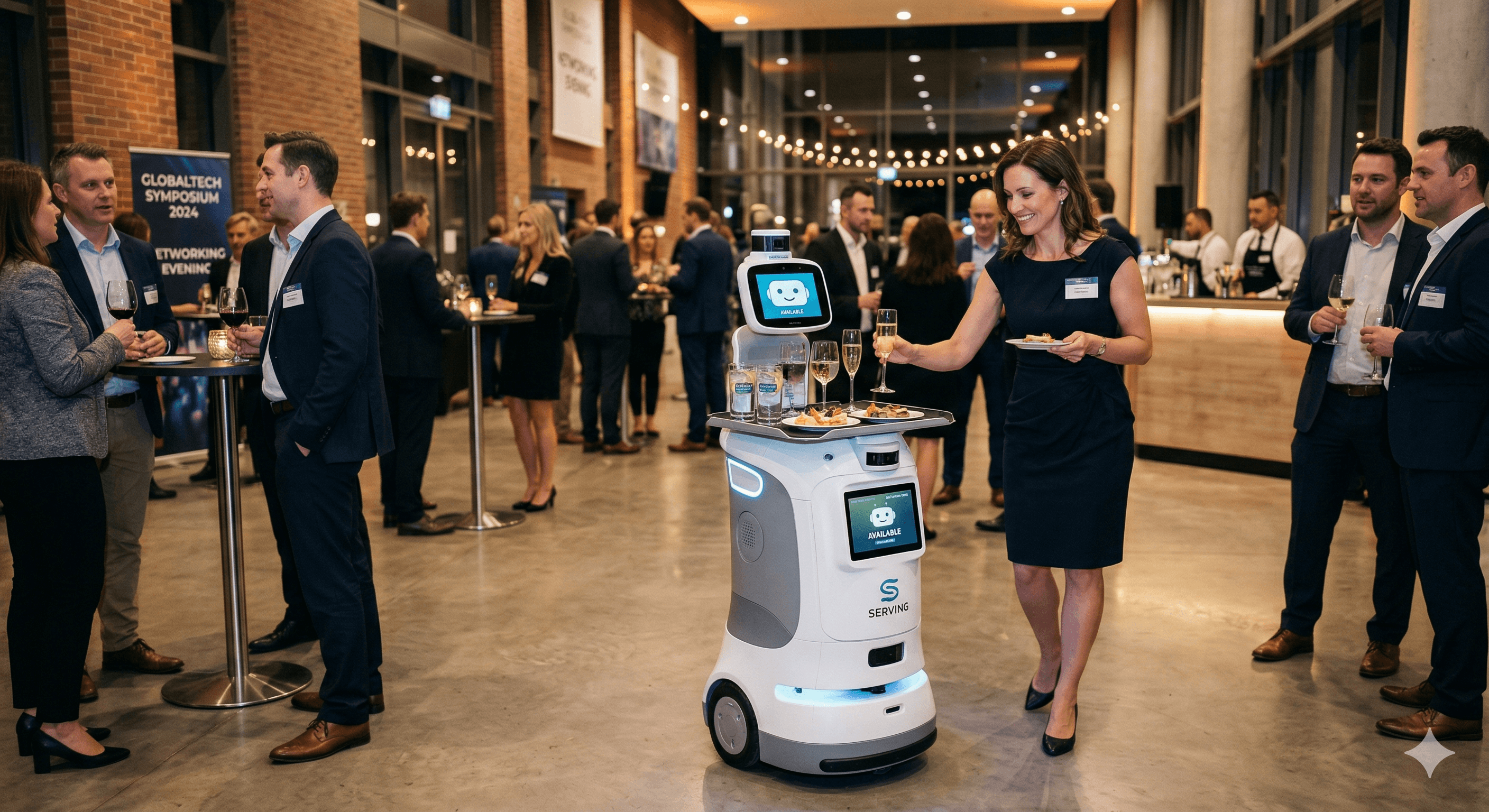 Service robot greeting guests at a corporate gala
