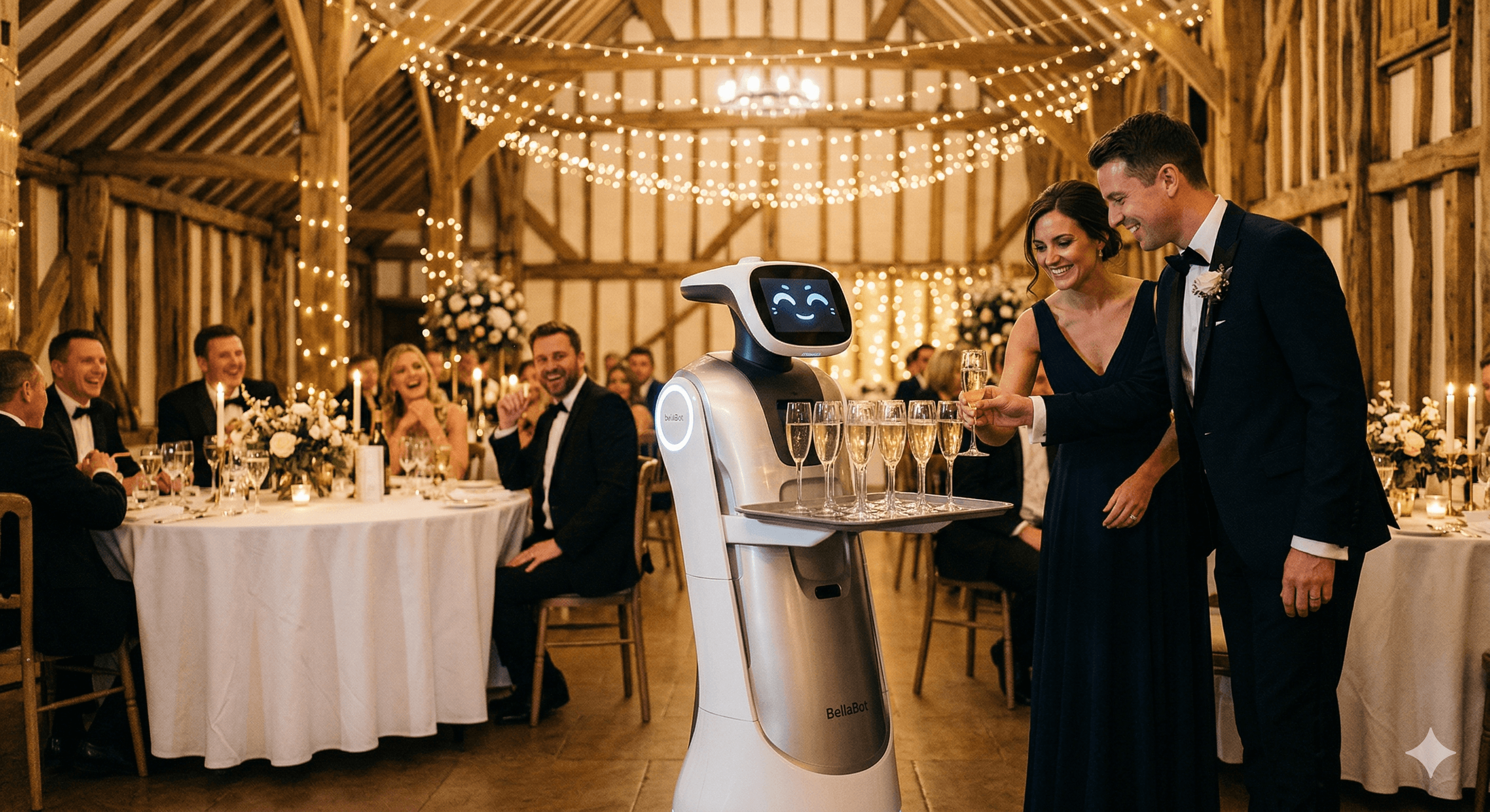 Robot serving champagne at an elegant wedding reception